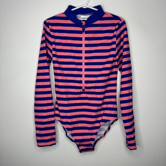 NWT MINI BODEN Long-sleeved Swimsuit Azelea and Bluing Stripe 8/9 Years - Picture 2 of 5